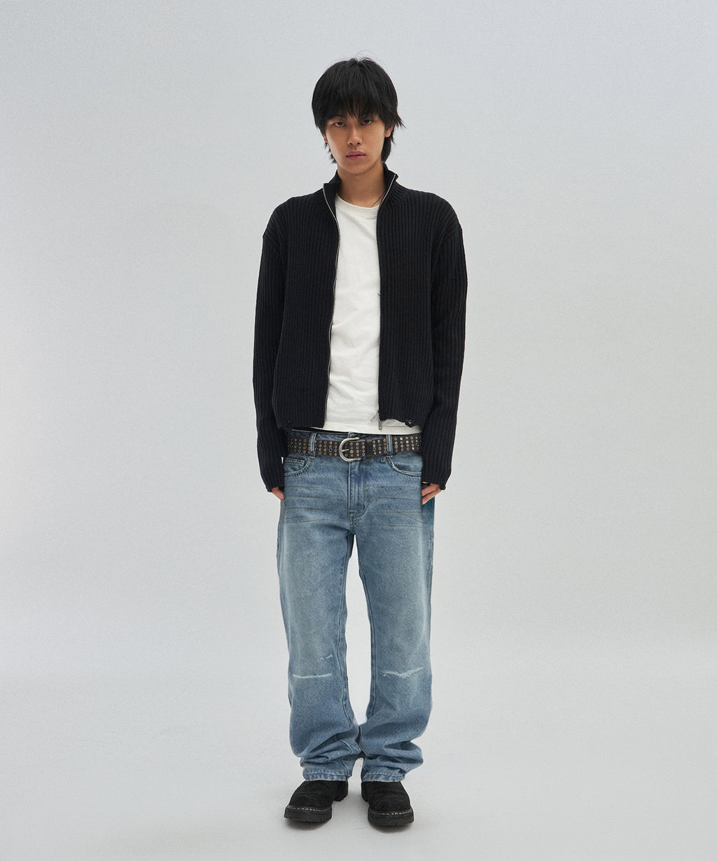 DAMAGE KNIT ZIP UP [BLACK]