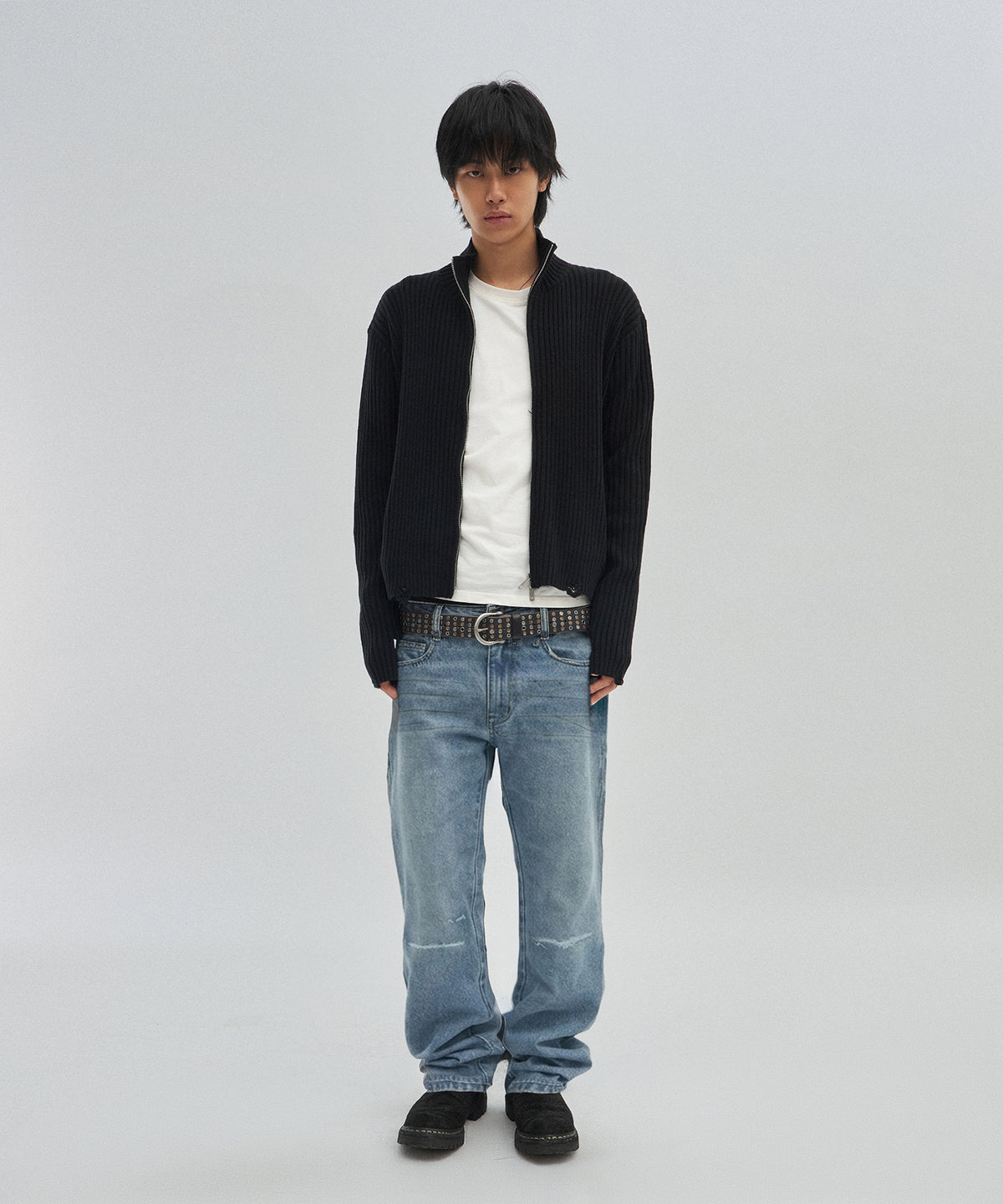 DAMAGE KNIT ZIP UP [BLACK]