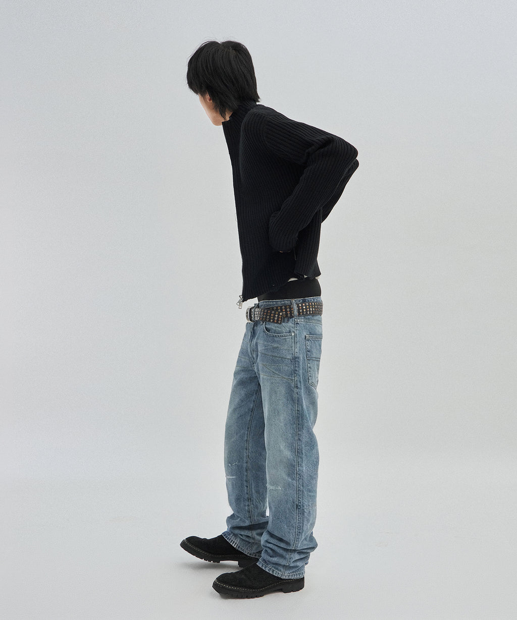 DAMAGE KNIT ZIP UP [BLACK]
