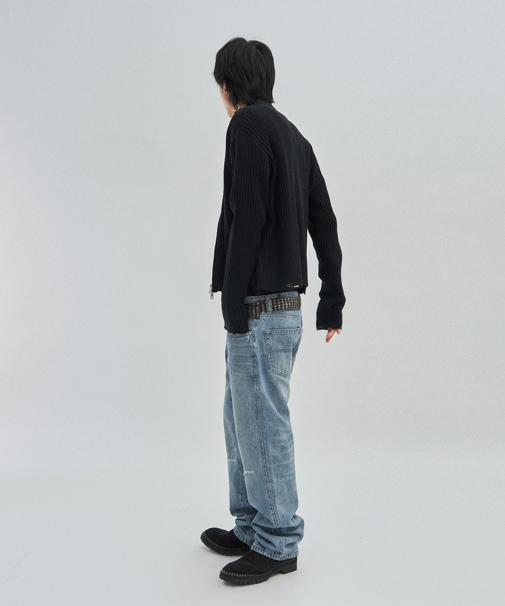 DAMAGE KNIT ZIP UP [BLACK]
