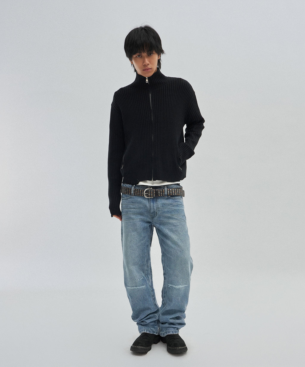 DAMAGE KNIT ZIP UP [BLACK]