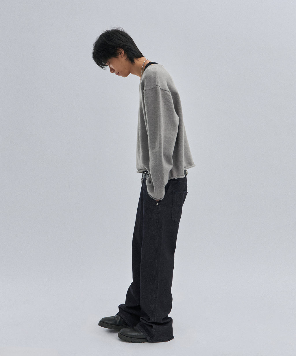 V NECK ROLLED KNIT [GRAY]