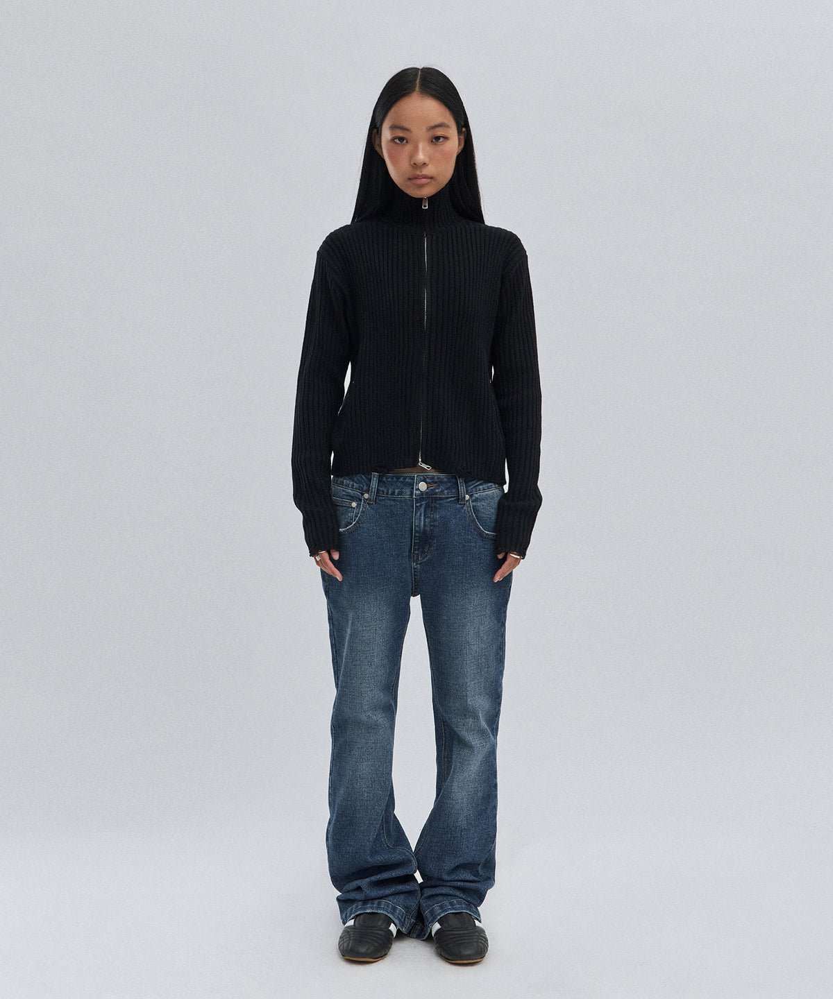DAMAGE KNIT ZIP UP [BLACK]