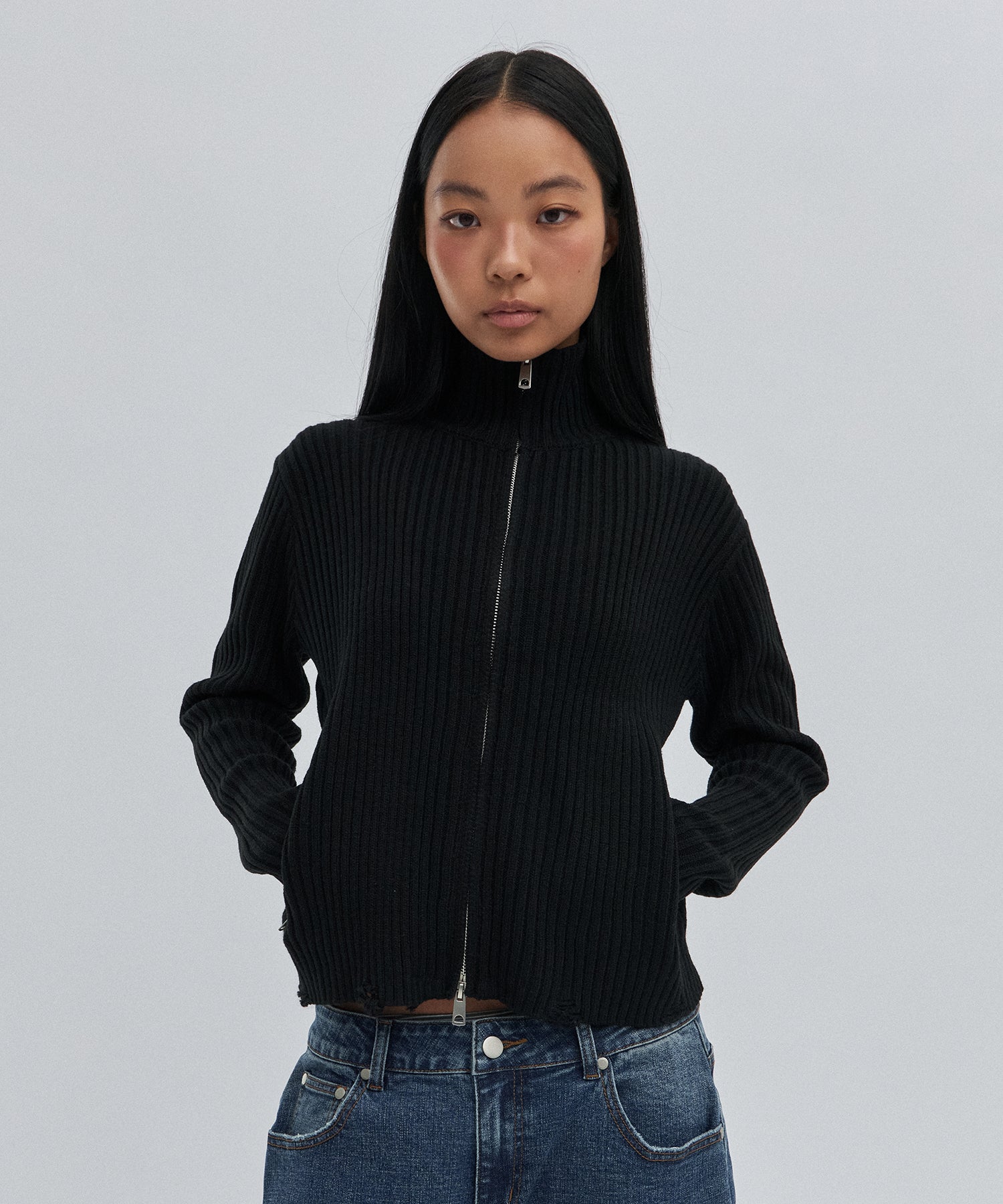 DAMAGE KNIT ZIP UP [BLACK]