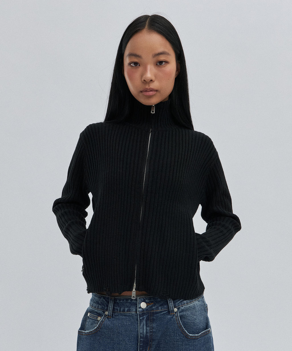 DAMAGE KNIT ZIP UP [BLACK]