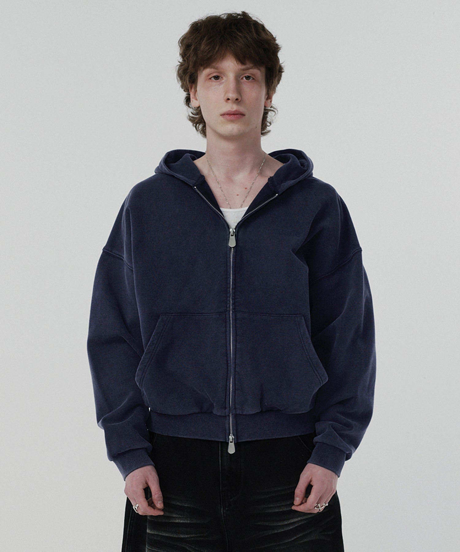 CROPPED WASHED HOOD ZIP UP [WASHING NAVY]