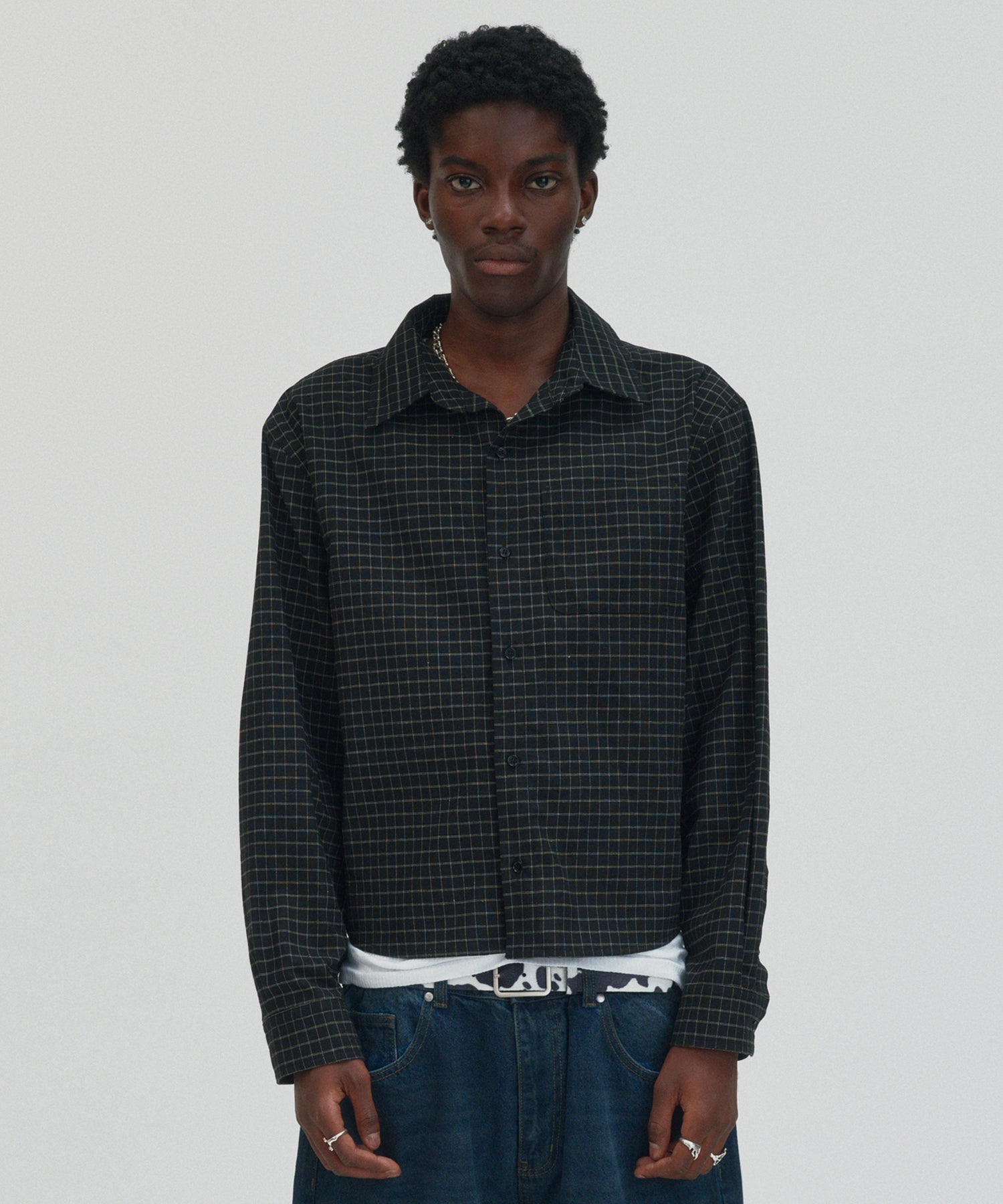 CROPPED CHECK SHIRT [BLACK]
