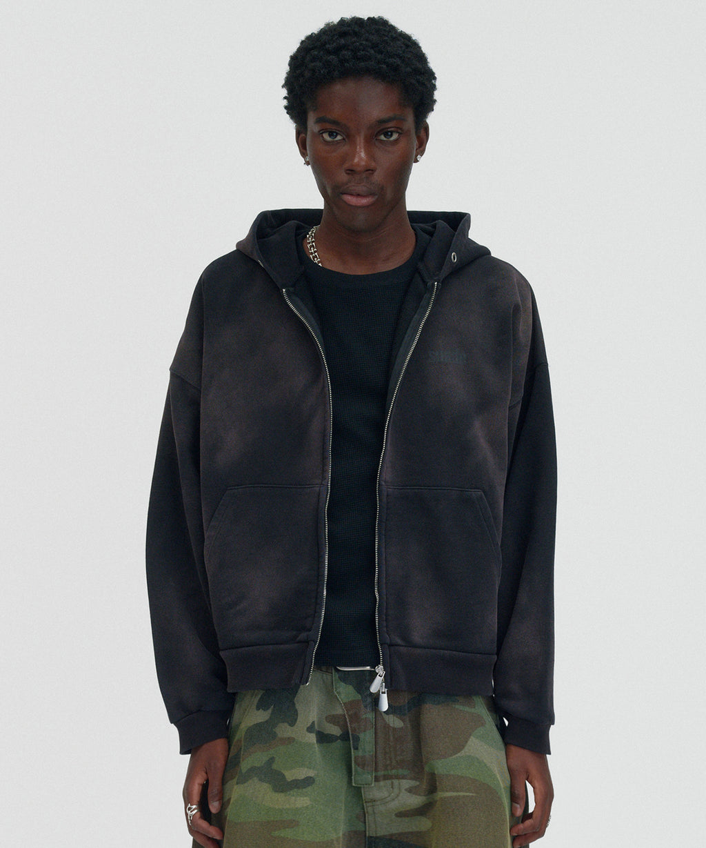 CROPPED WASHED HOOD ZIP UP [DARK BLACK]