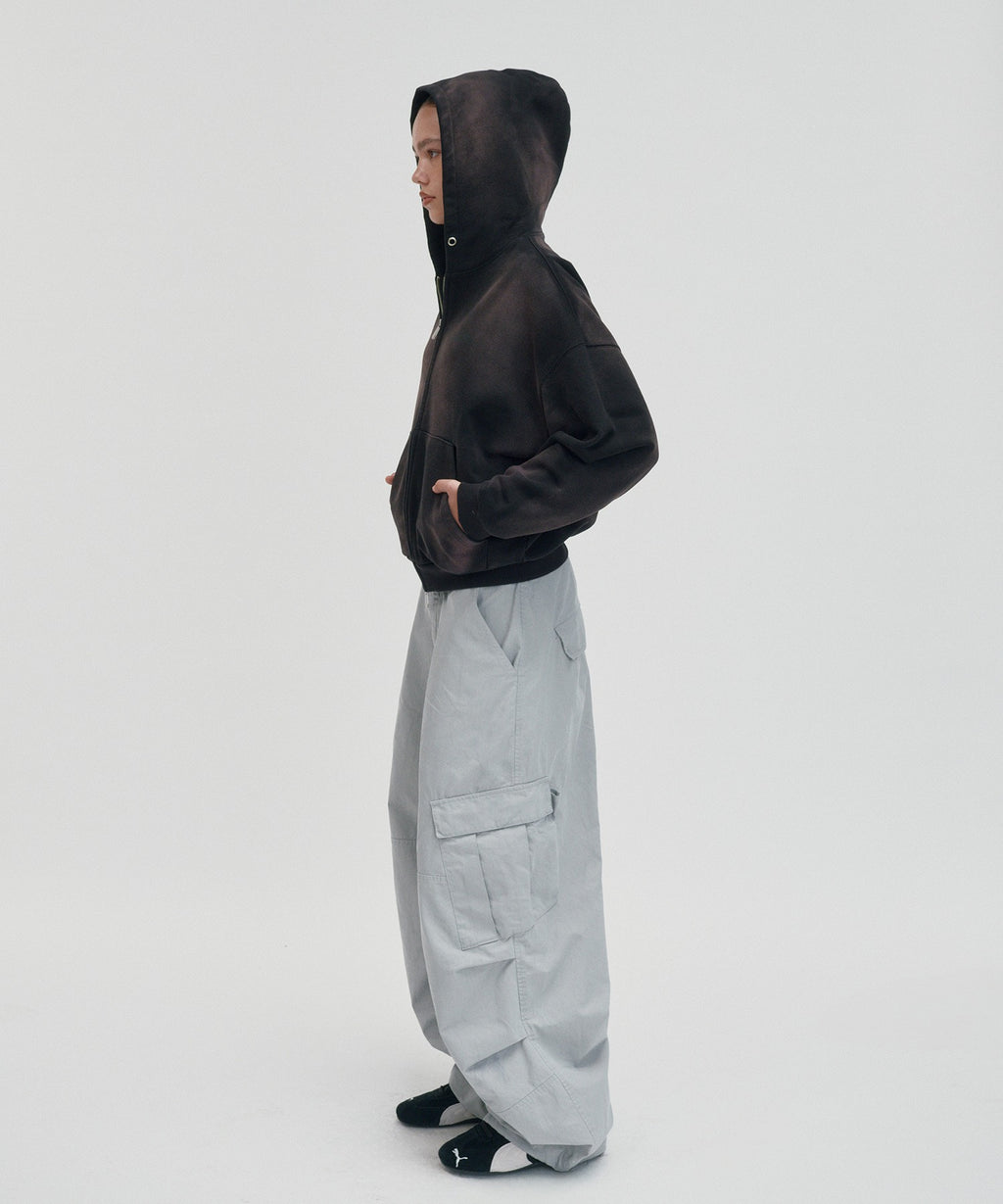 CROPPED WASHED HOOD ZIP UP [DARK BLACK]
