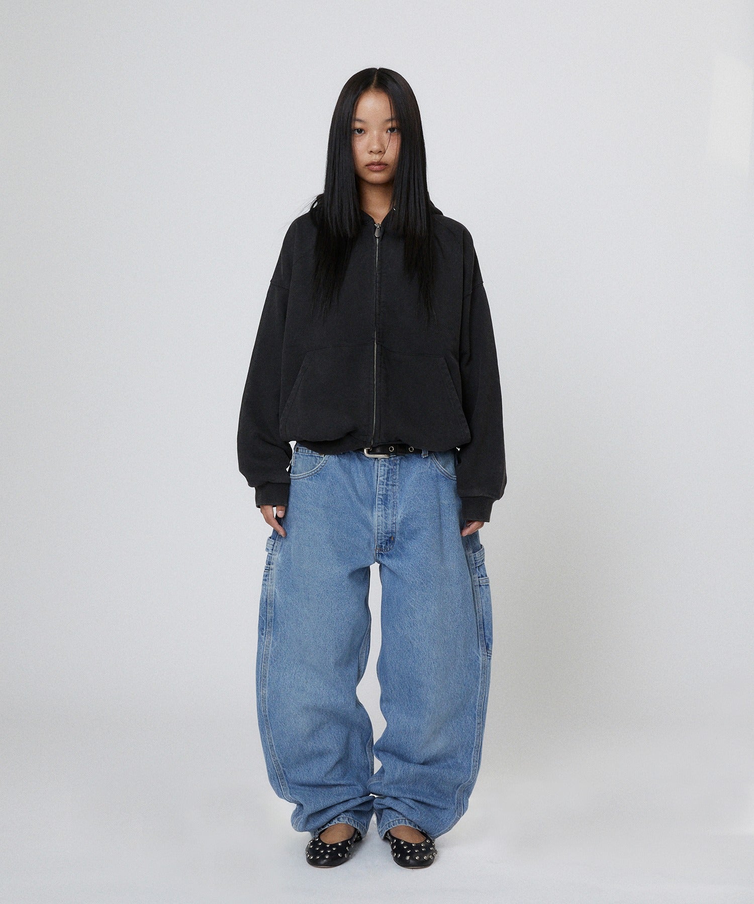 CROPPED WASHED HOOD ZIP UP [WASHING BLACK]