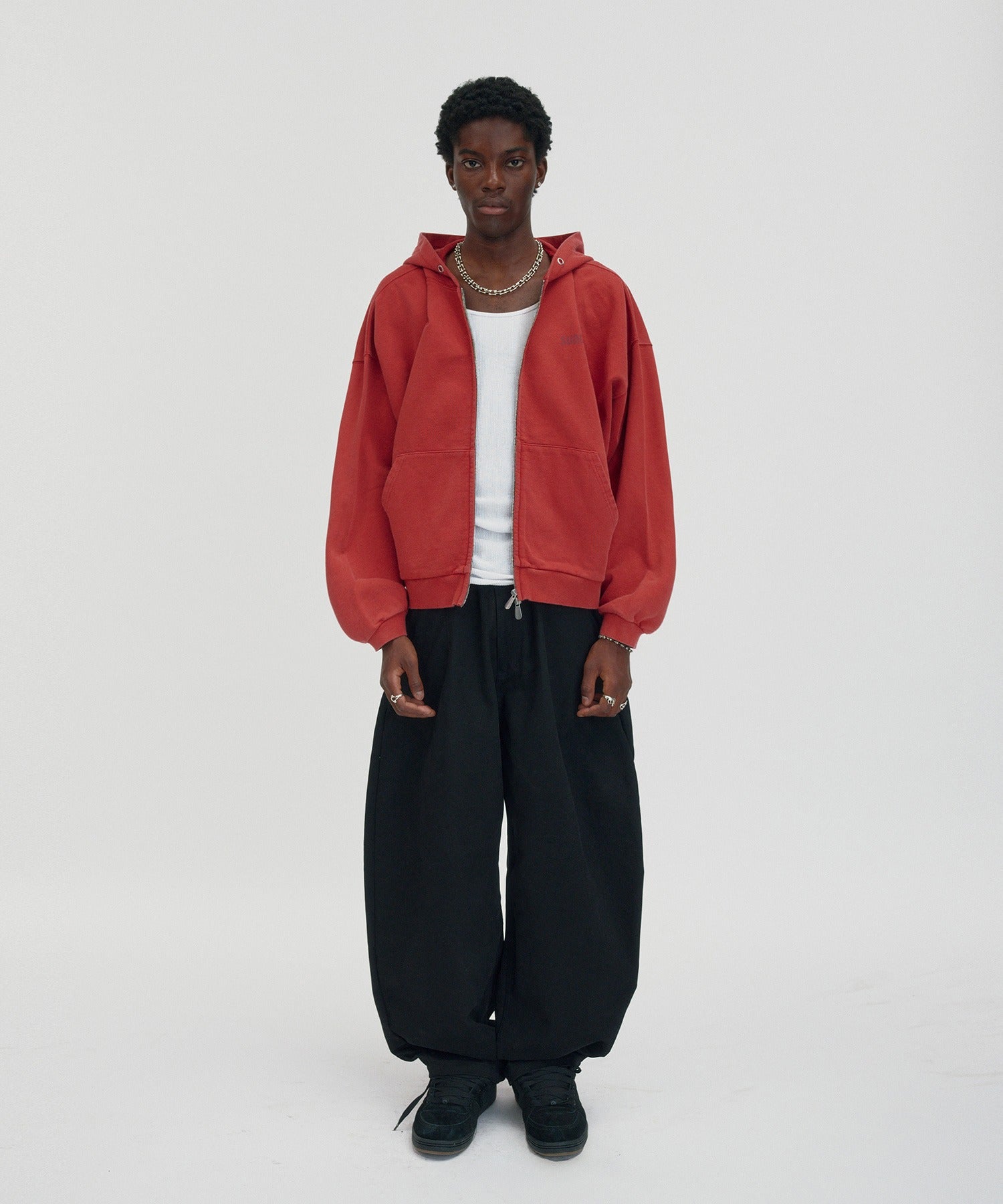 CROPPED WASHED HOOD ZIP UP [RED]