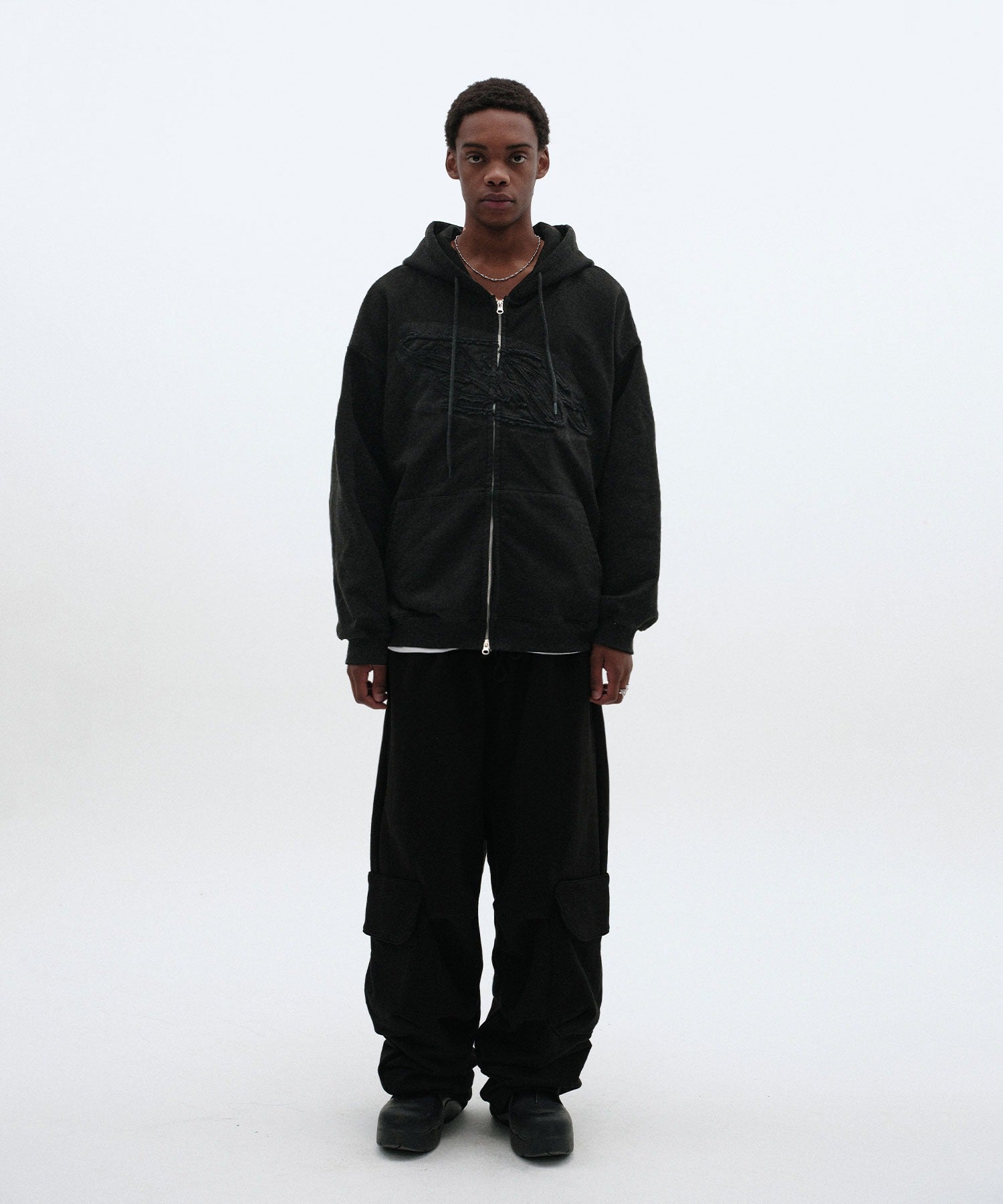 LOOSE SUADE HOOD ZIP UP [BLACK]
