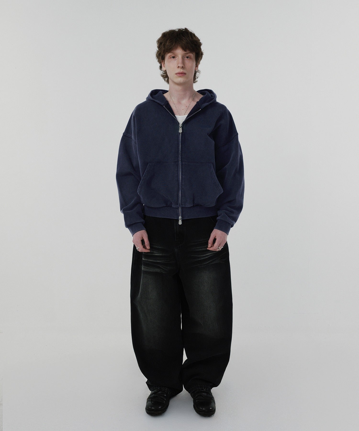 CROPPED WASHED HOOD ZIP UP [WASHING NAVY]
