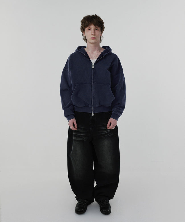 CROPPED WASHED HOOD ZIP UP [WASHING NAVY] Main Image