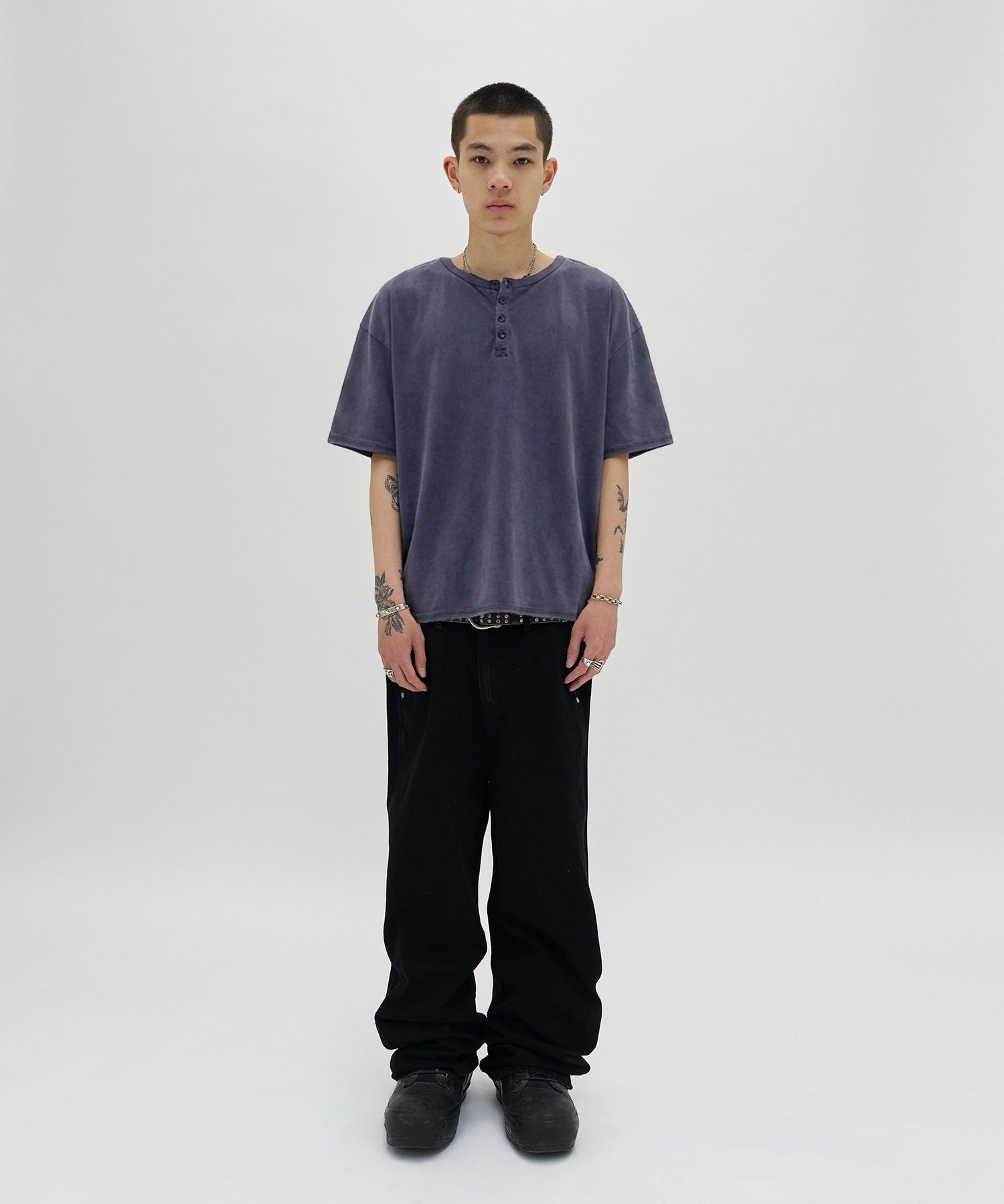 WASHED HENLEY NECK TEE [WASHING NAVY]