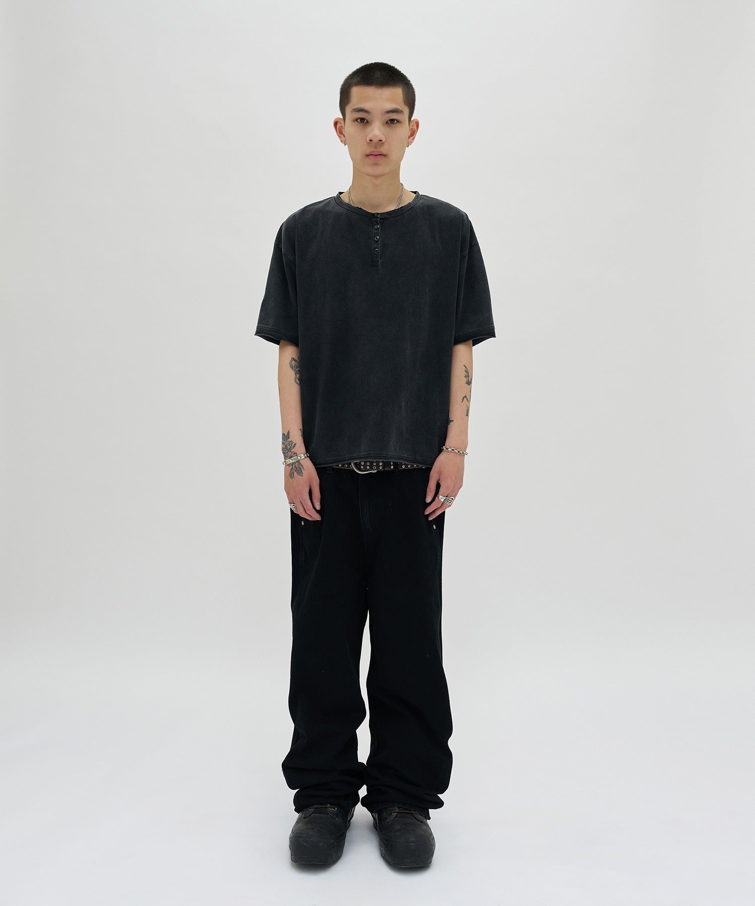 WASHED HENLEY NECK TEE [WASHING BLACK]