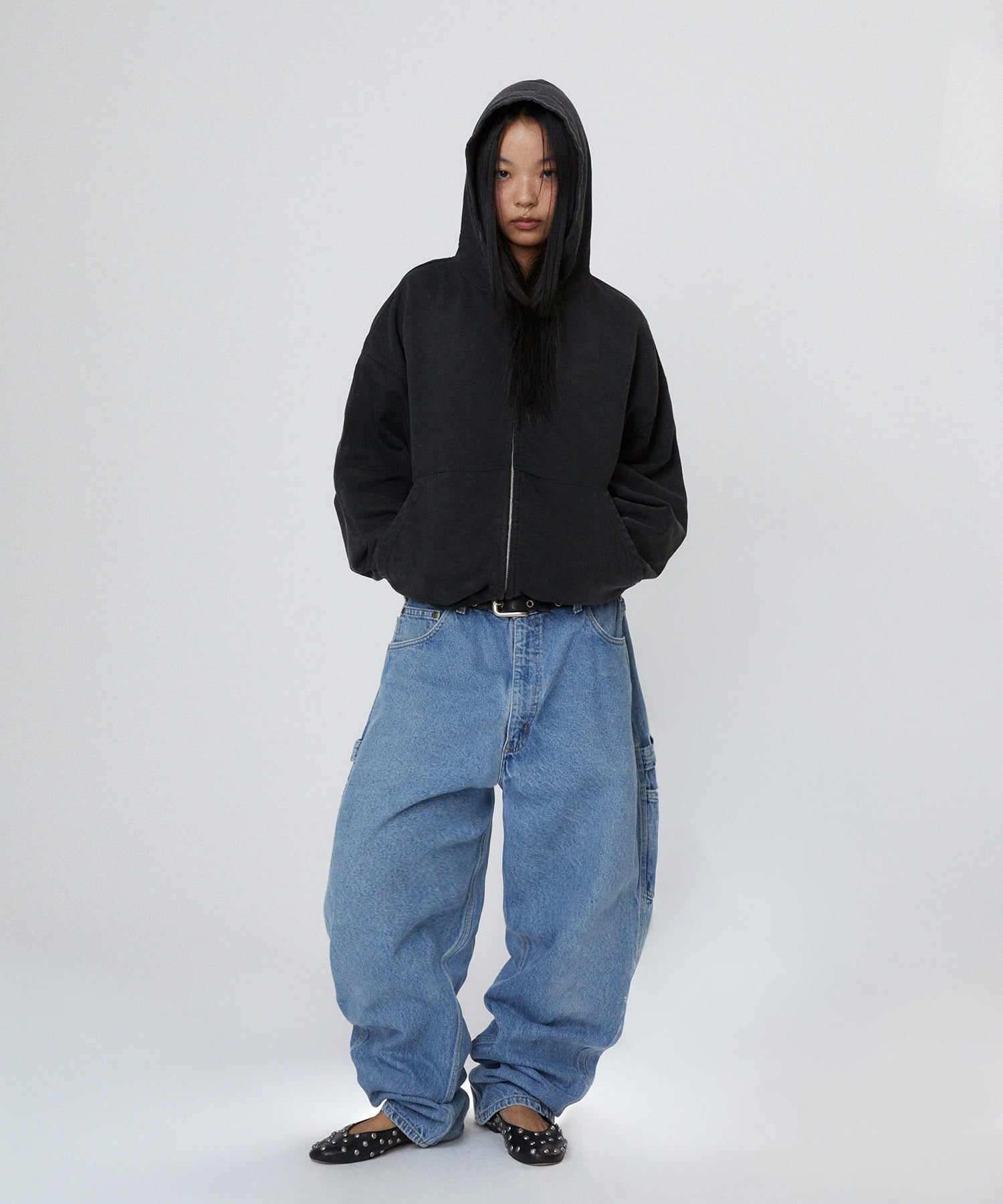 CROPPED WASHED HOOD ZIP UP [WASHING BLACK]