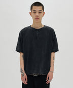 WASHED HENLEY NECK TEE [WASHING BLACK]