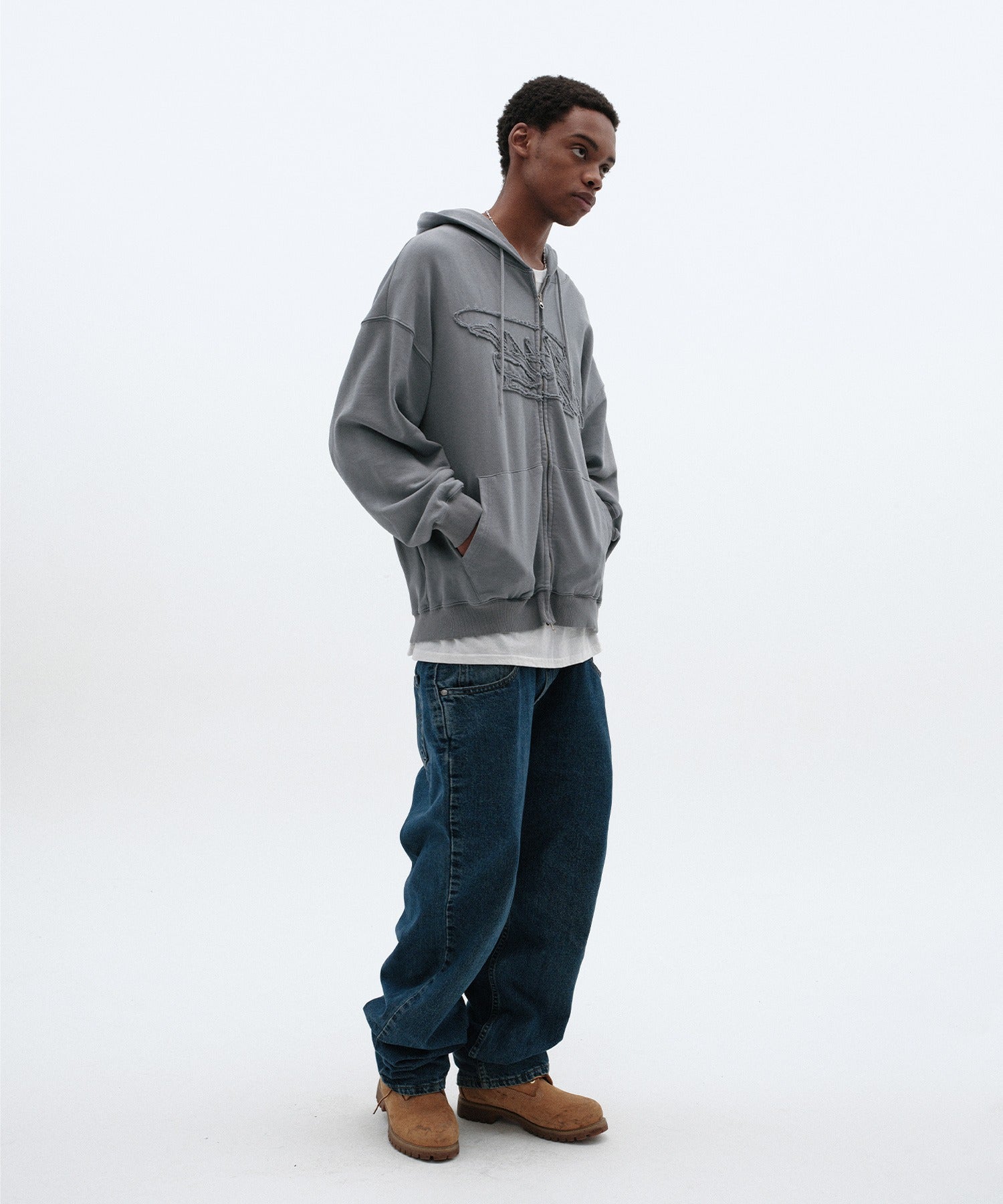 LOOSE SUADE HOOD ZIP UP [BLUE GRAY]