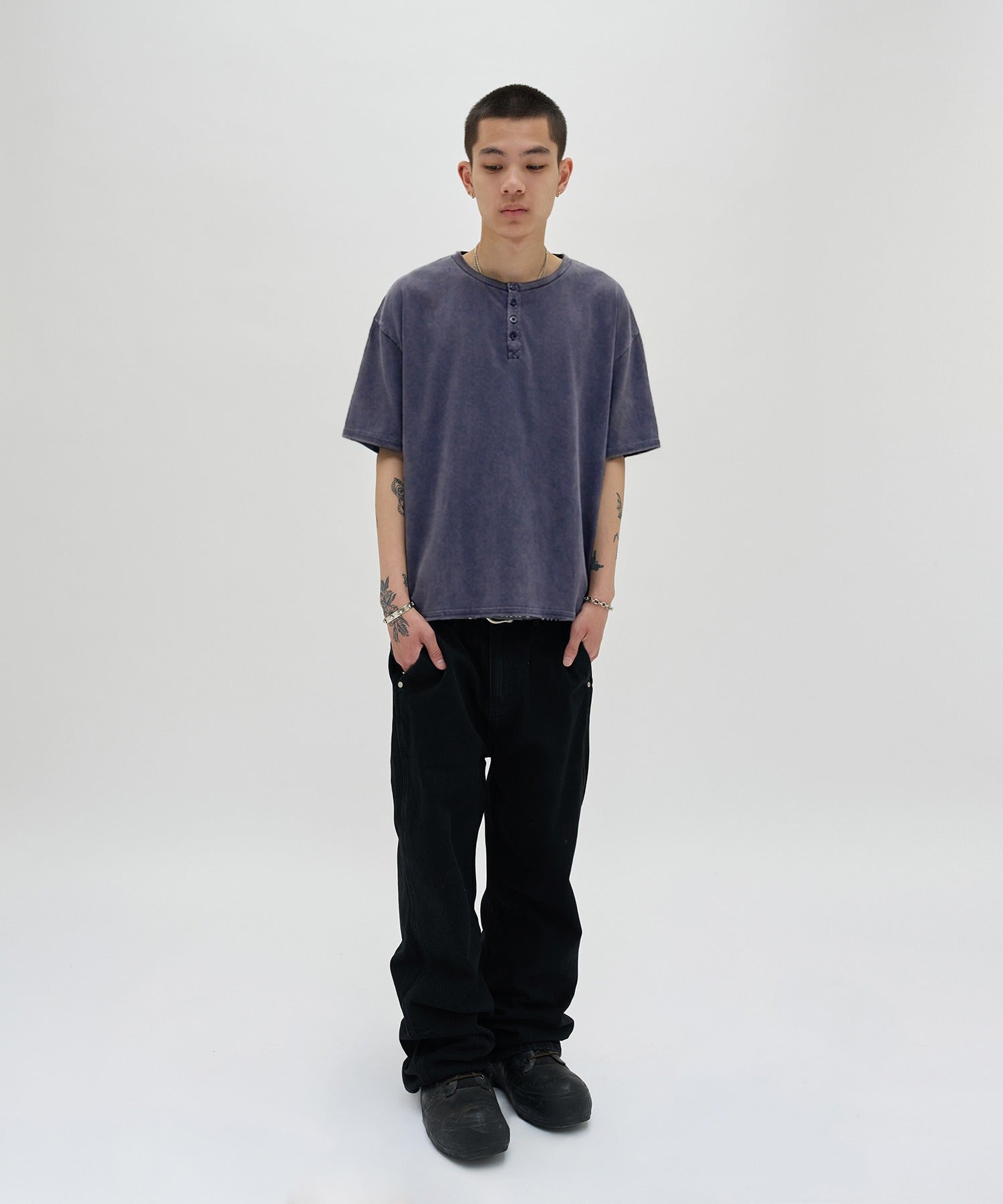 WASHED HENLEY NECK TEE [WASHING NAVY]
