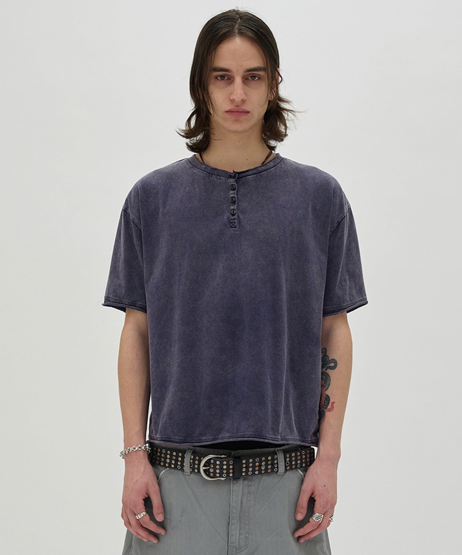 WASHED HENLEY NECK TEE [WASHING NAVY]