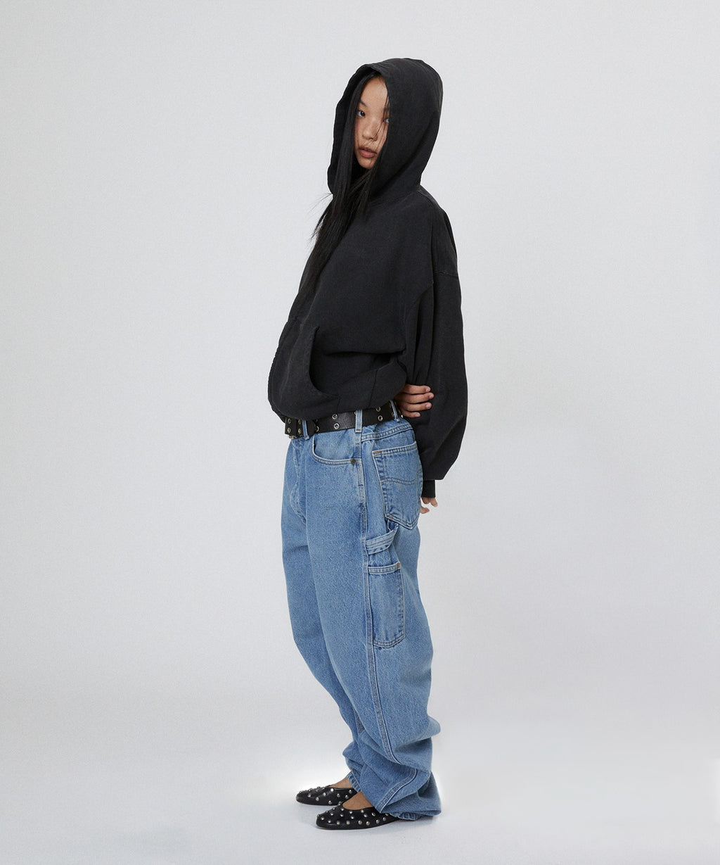 CROPPED WASHED HOOD ZIP UP [WASHING BLACK]