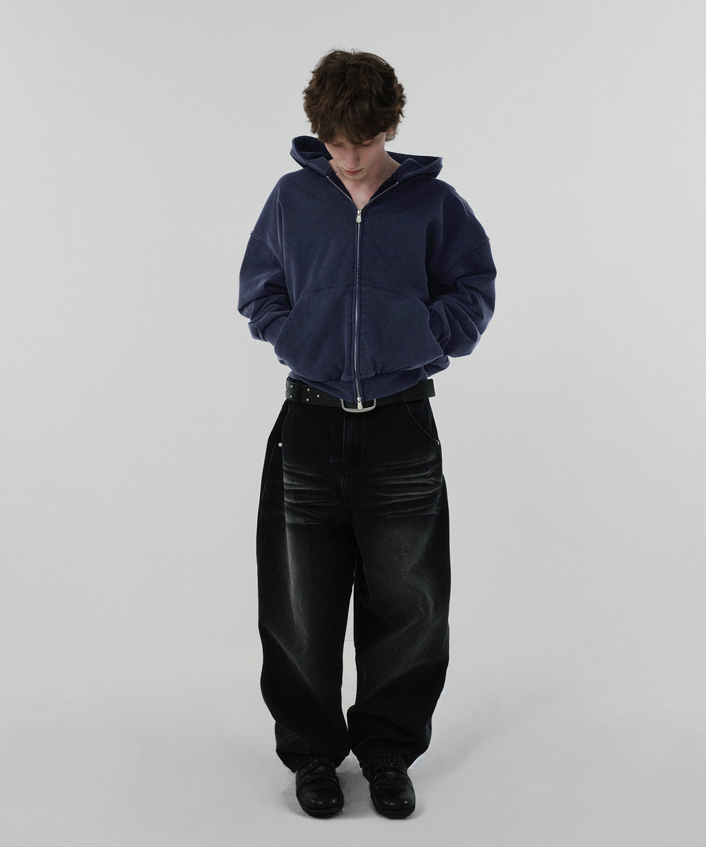 CROPPED WASHED HOOD ZIP UP [WASHING NAVY]