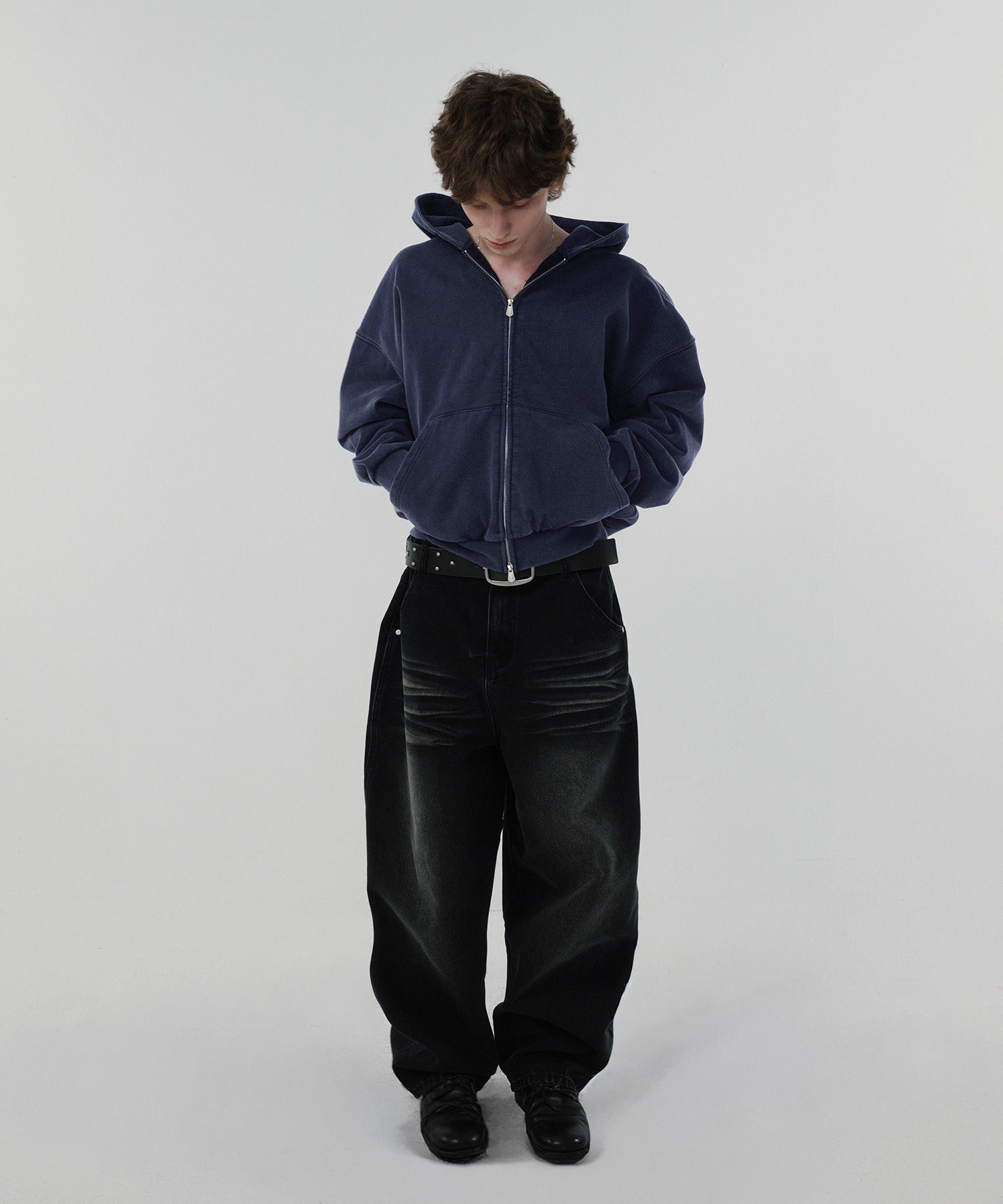 CROPPED WASHED HOOD ZIP UP [WASHING NAVY]
