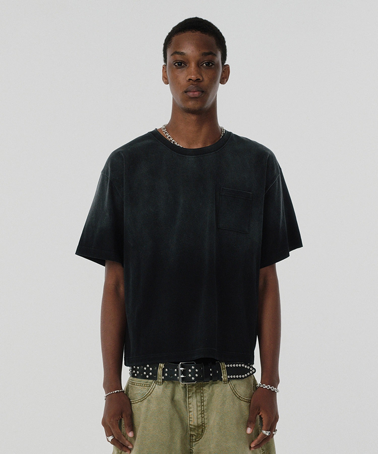 POCKET CROPPED TEE [WASHING BLACK]