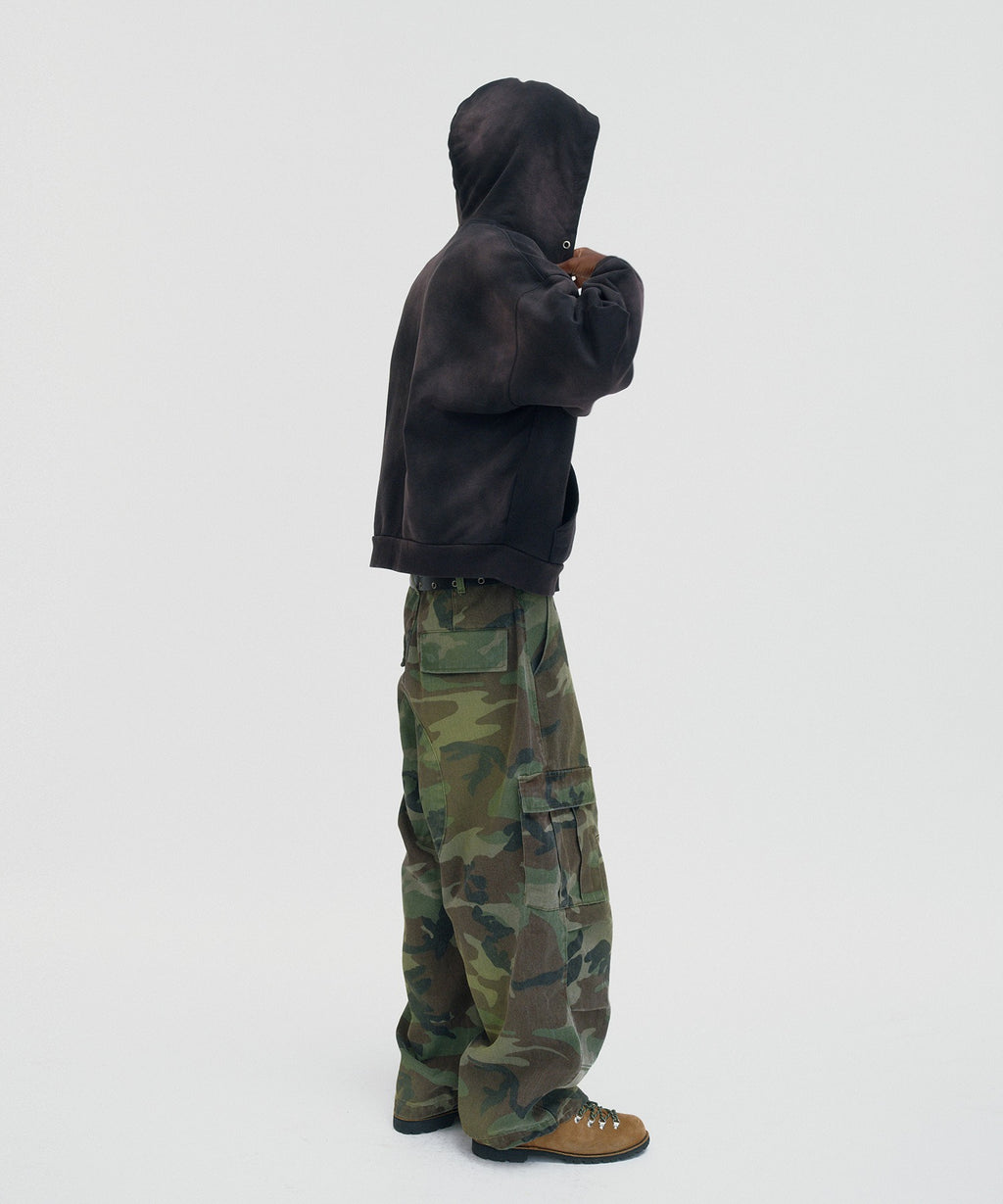 CROPPED WASHED HOOD ZIP UP [DARK BLACK]