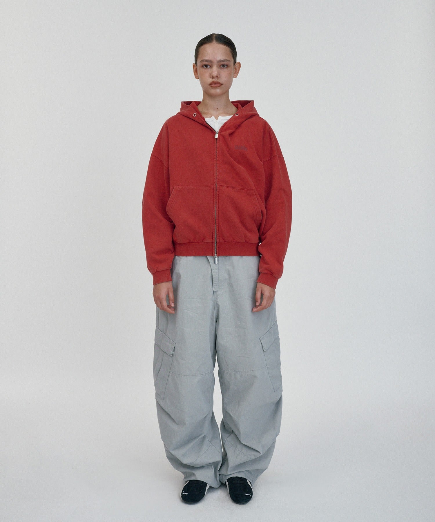 CROPPED WASHED HOOD ZIP UP [RED]