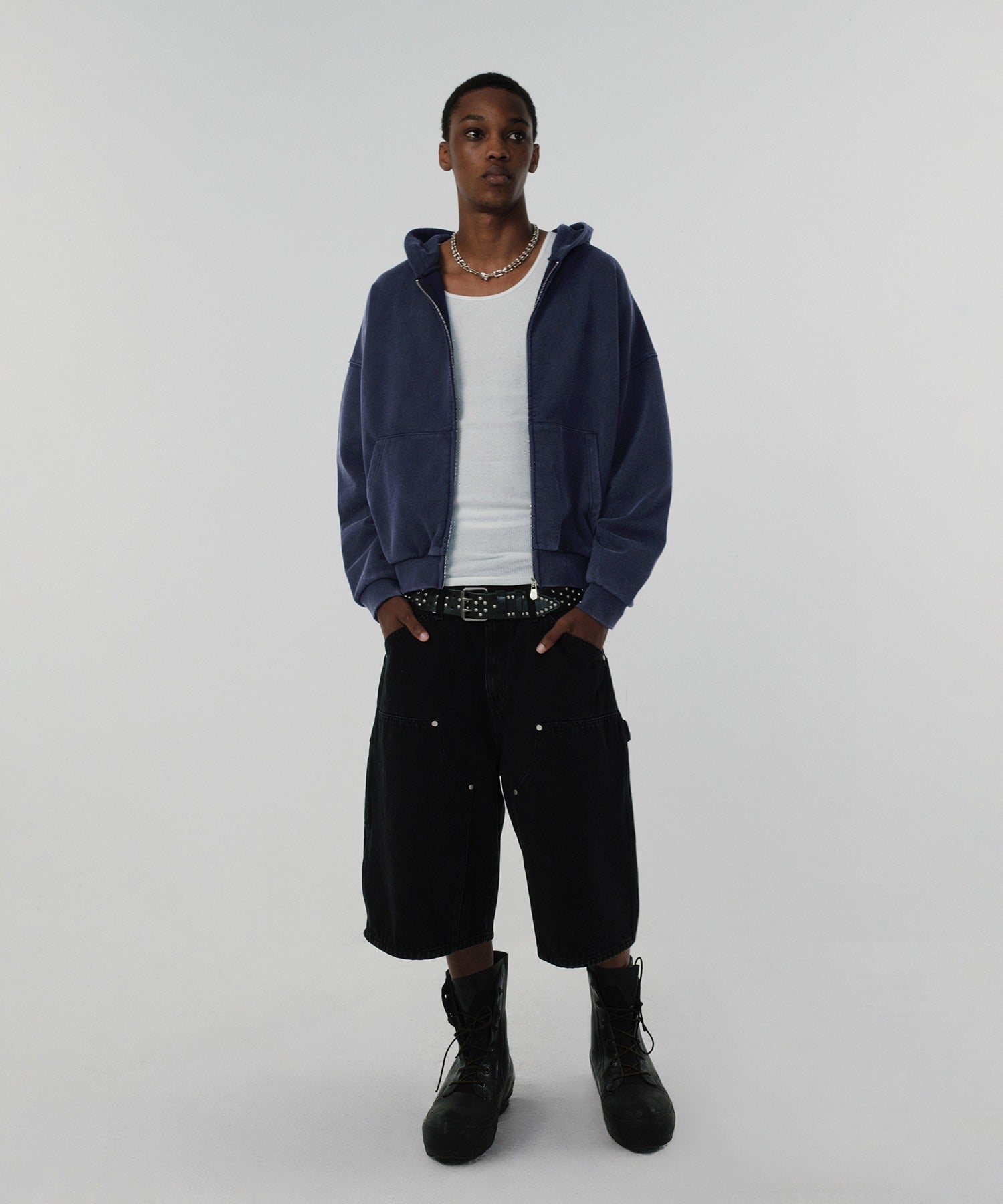 CROPPED WASHED HOOD ZIP UP [WASHING NAVY]