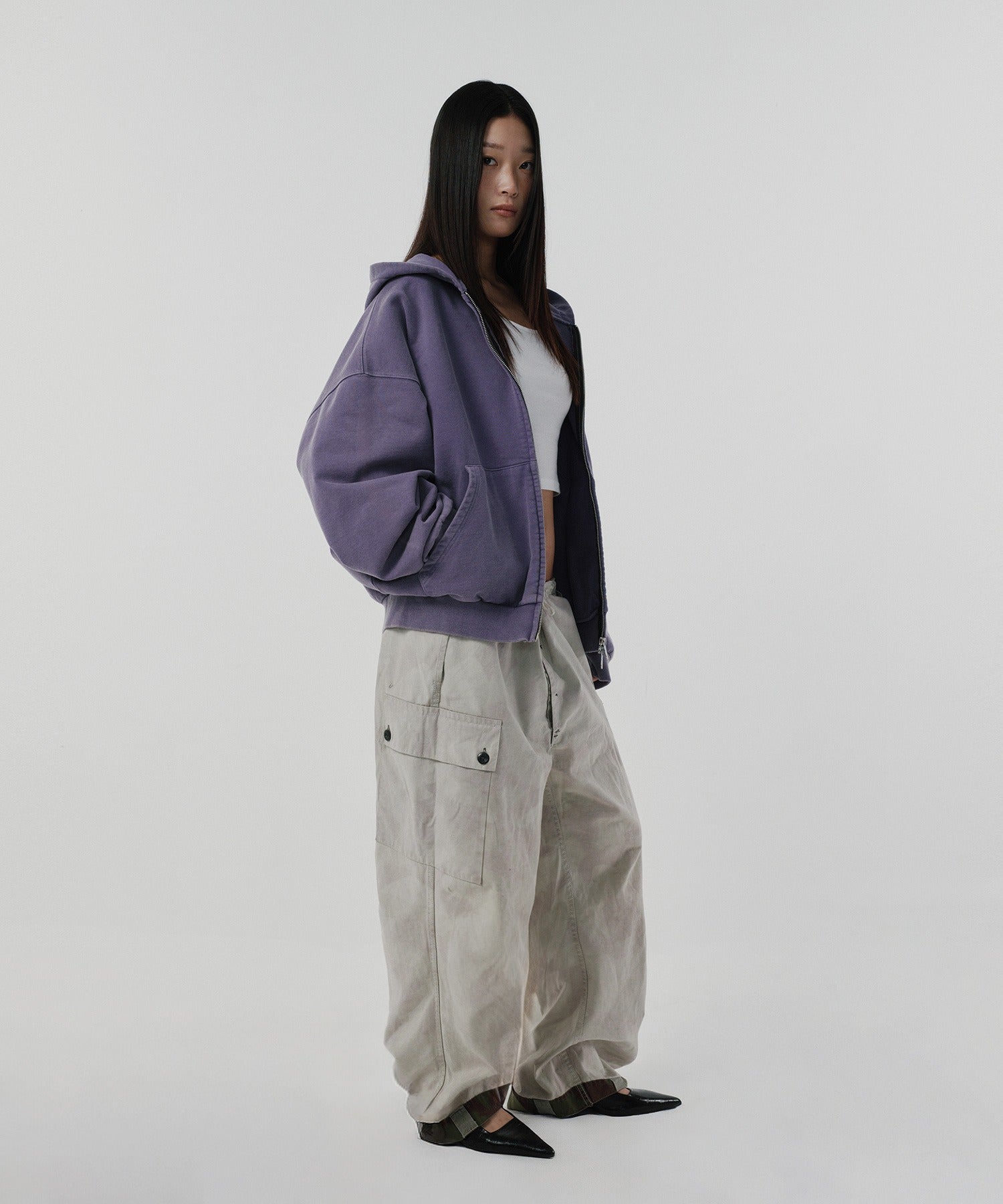 CROPPED WASHED HOOD ZIP UP [PURPLE]