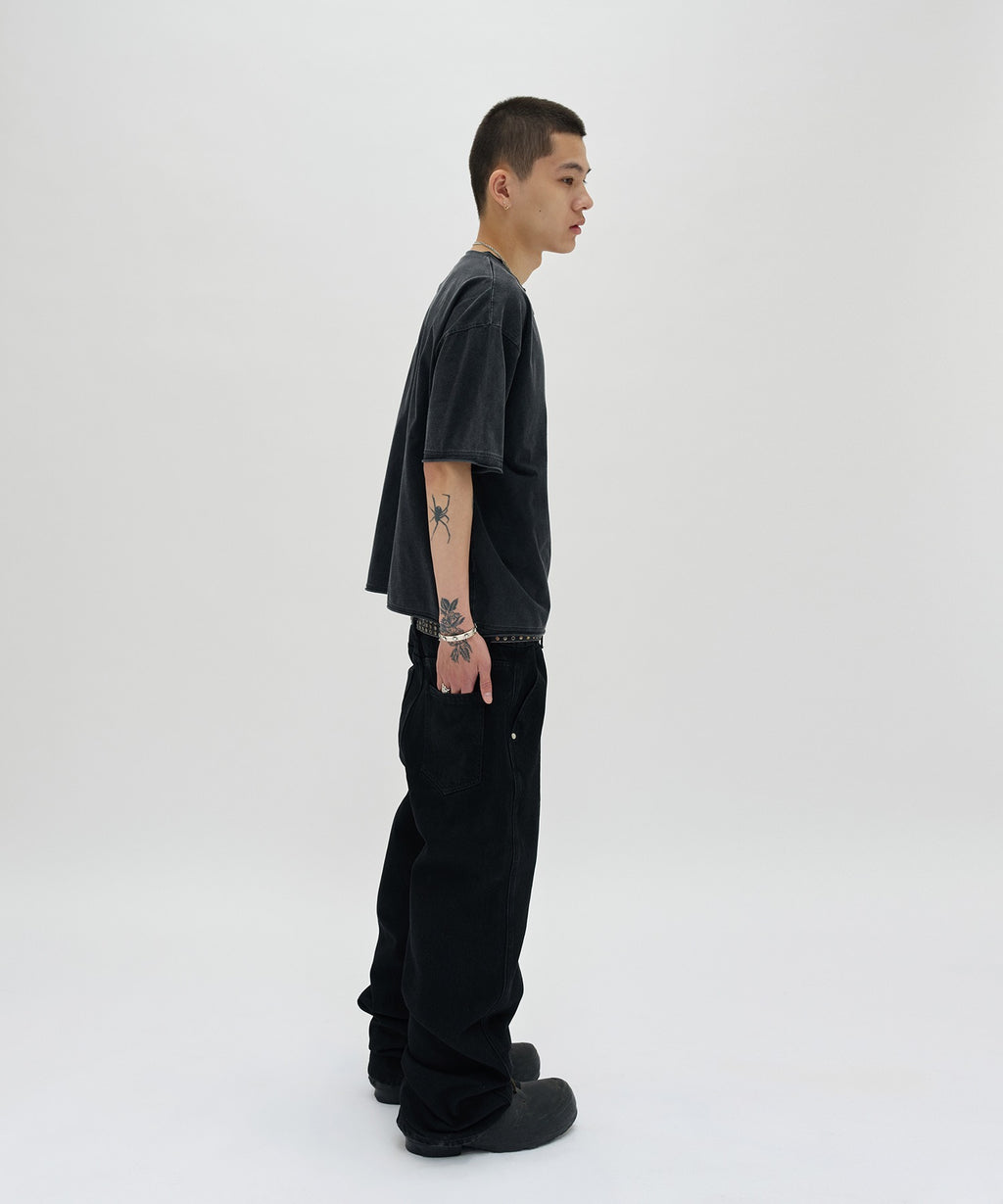 WASHED HENLEY NECK TEE [WASHING BLACK]
