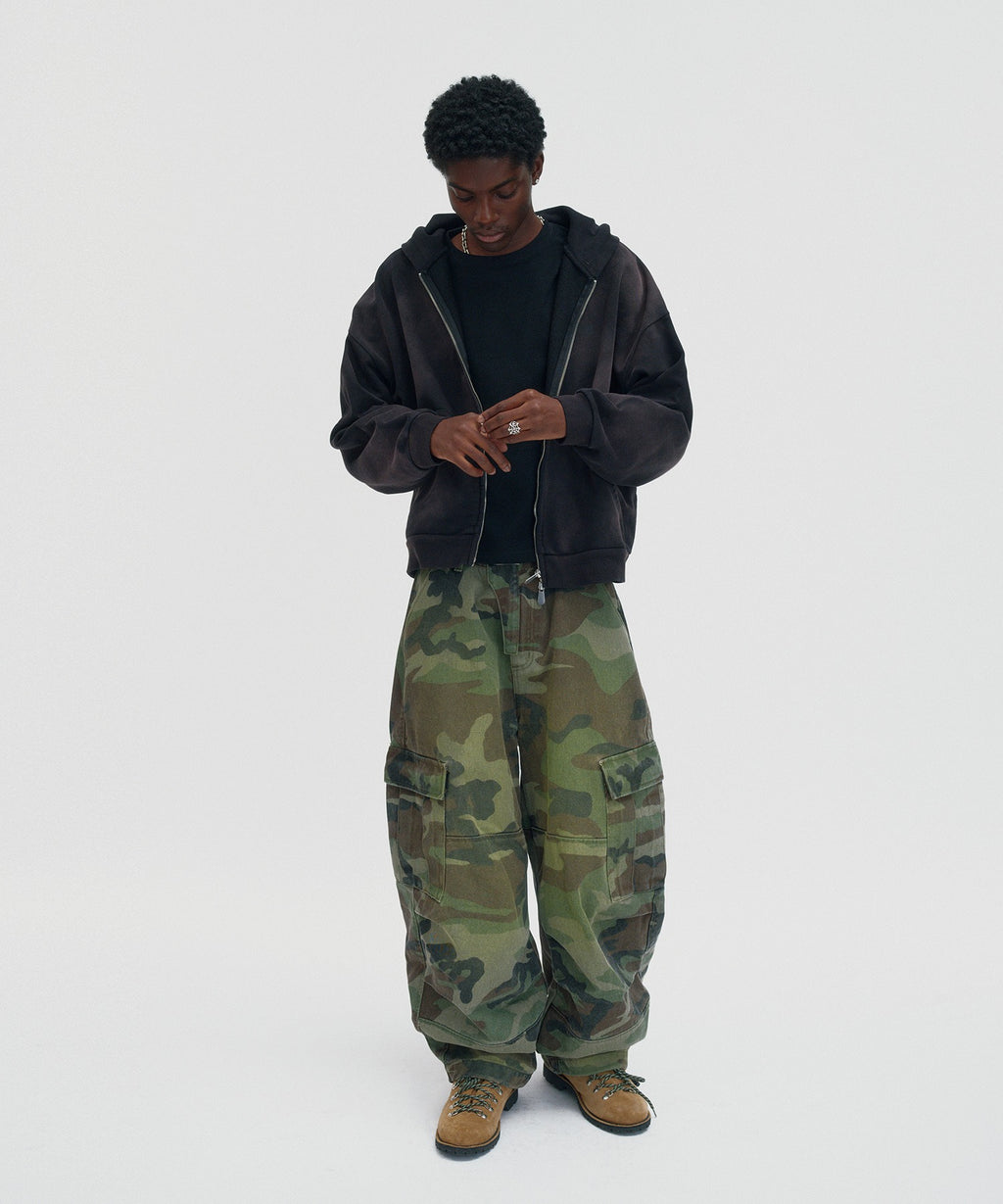 CROPPED WASHED HOOD ZIP UP [DARK BLACK]