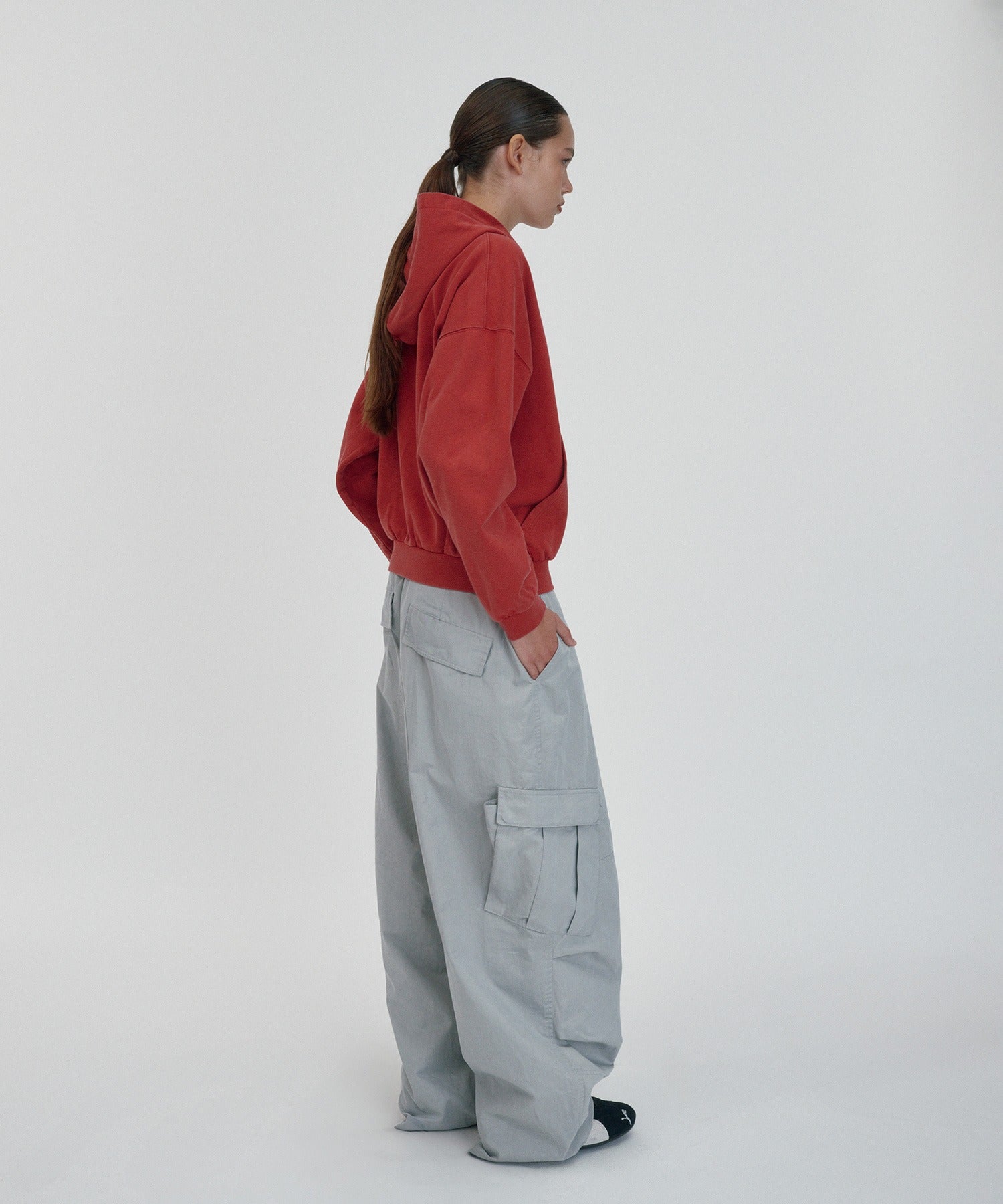 CROPPED WASHED HOOD ZIP UP [RED]