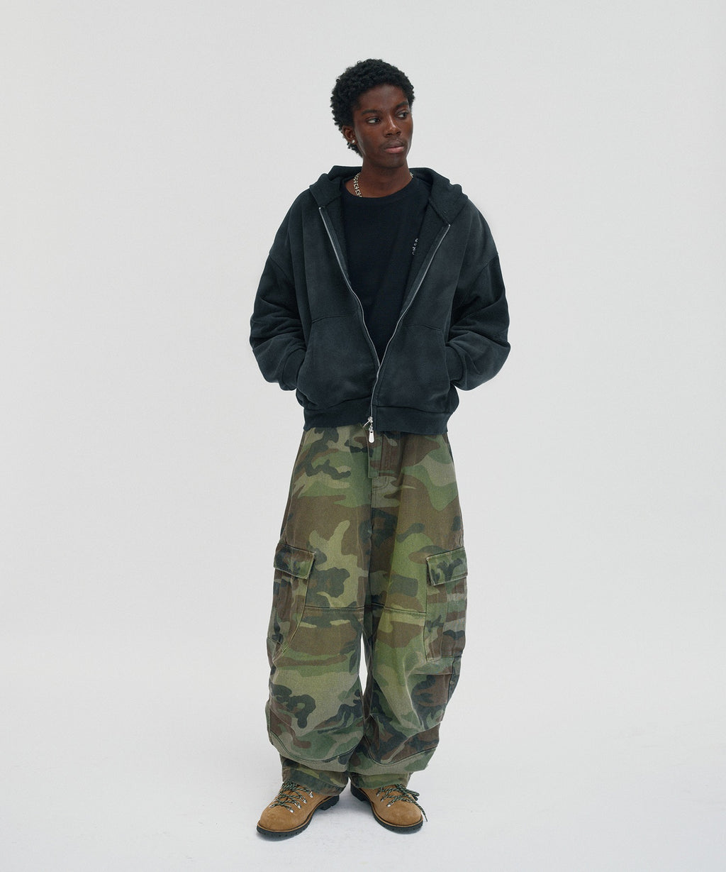 CROPPED WASHED HOOD ZIP UP [WASHING BLACK]