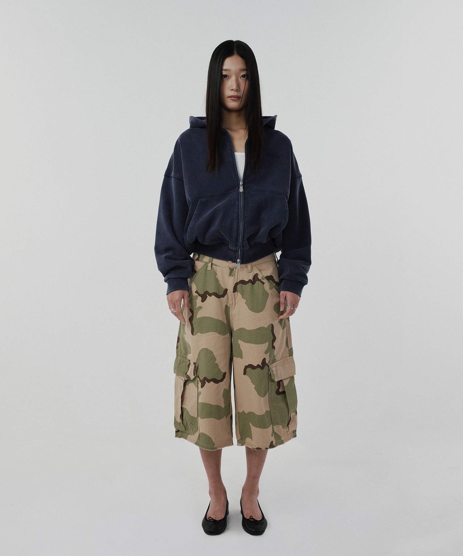 CROPPED WASHED HOOD ZIP UP [WASHING NAVY]