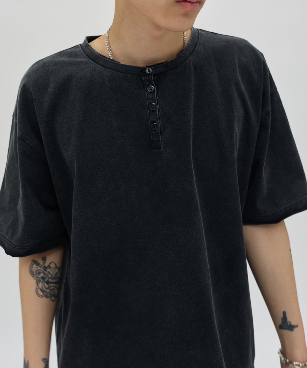WASHED HENLEY NECK TEE [WASHING BLACK]