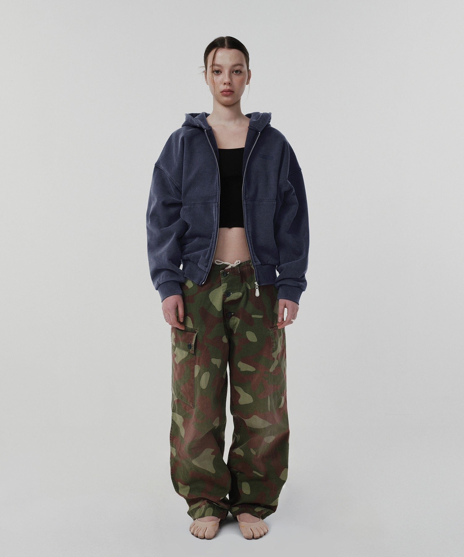 CROPPED WASHED HOOD ZIP UP [WASHING NAVY]